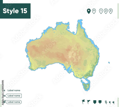 Australia - map with shaded relief, land cover, rivers, lakes, mountains. Biome map.