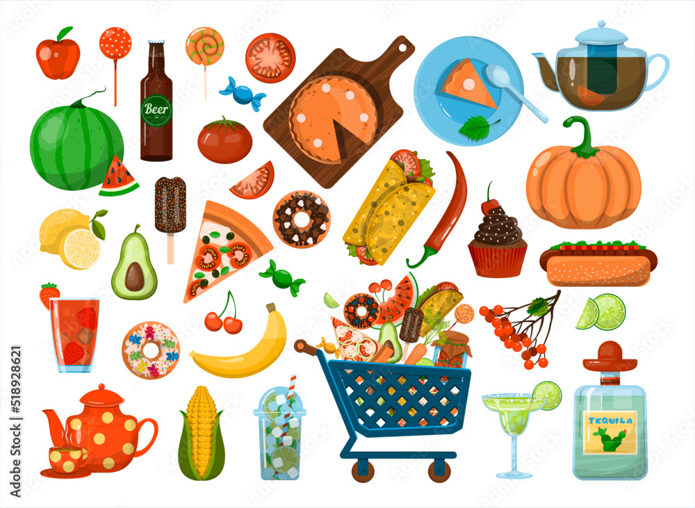 Vector big Food set. Flat icons set. Menu Restaurant, carts, sale, ads. Cartoon illustration of healthy food, fast food, mexican, fruits, vegetables. Logotype Symbol Design Vector big Food set. Flat icons set. Menu Restaurant, carts, sale, ads. Cartoon illustration of healthy food, fast food, mexican, fruits, vegetables. Logotype Symbol Design