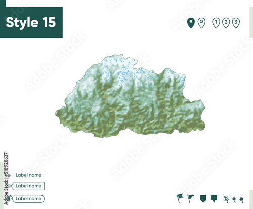 Bhutan - map with shaded relief, land cover, rivers, lakes, mountains. Biome map.