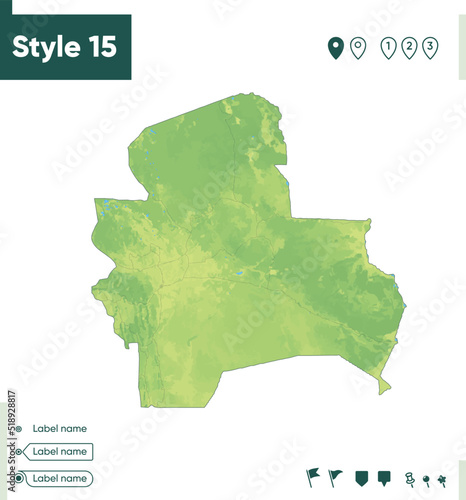 Santa Cruz, Bolivia - map with shaded relief, land cover, rivers, lakes, mountains. Biome map.