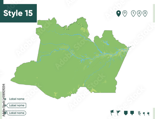 Amazonas, Brazil - map with shaded relief, land cover, rivers, lakes, mountains. Biome map.