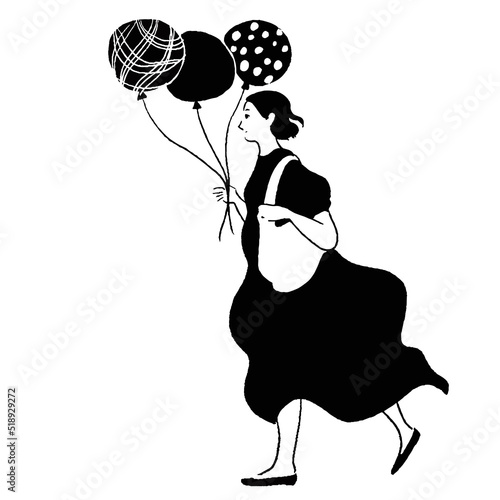 風船を持って歩く女性のベクター線画