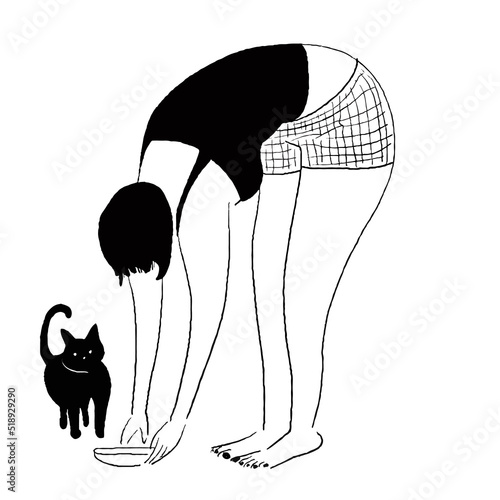 猫に餌をやる女性のベクター線画