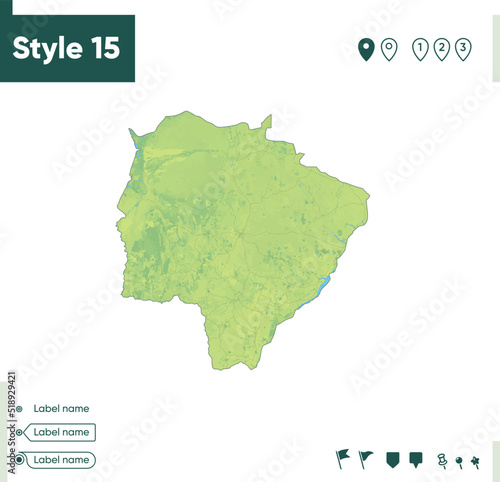 Mato Grosso Do Sul, Brazil - map with shaded relief, land cover, rivers, lakes, mountains. Biome map.