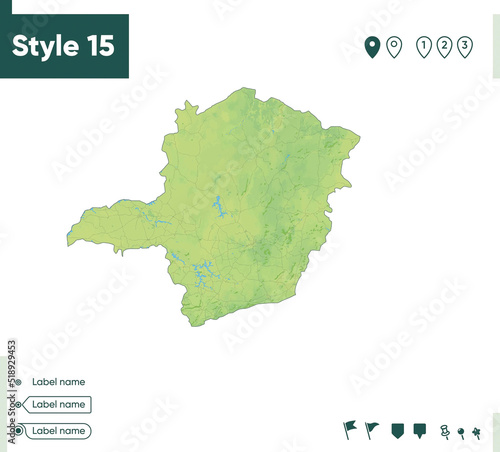 Minas Gerais, Brazil - map with shaded relief, land cover, rivers, lakes, mountains. Biome map.