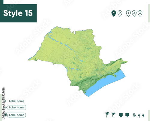 Sao Paulo, Brazil - map with shaded relief, land cover, rivers, lakes, mountains. Biome map.