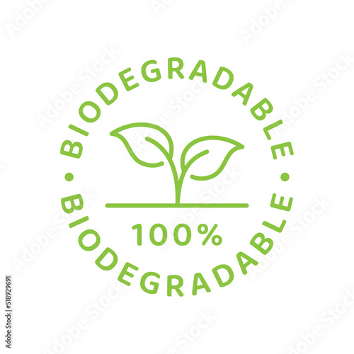 Biodegradable label in green with leaf and circle. Eco packaging recyclable symbol.