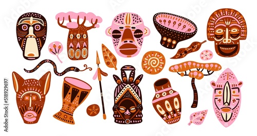 African elements. Ethnic totem faces. Traditional masks and drums. Decorative items. vases or baobab tree. Patterned ceramics and tribe weapons. Classy vector Indians set