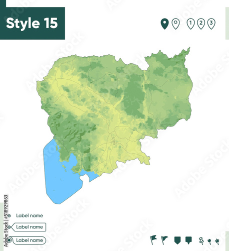 Cambodia - map with shaded relief, land cover, rivers, lakes, mountains. Biome map.