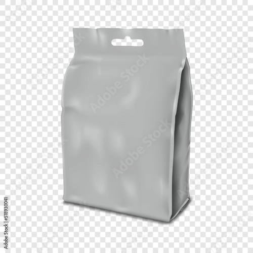 Plastic or paper bag with euro slot realistic vector mock-up. Blank side gusset pouch with hanging hole mockup