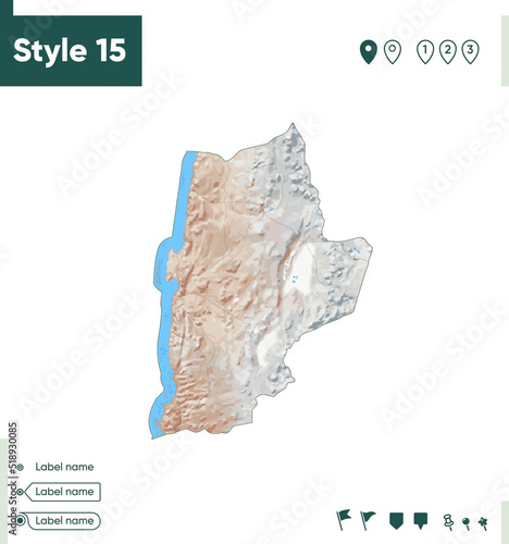Antofagasta, Chile - map with shaded relief, land cover, rivers, lakes, mountains. Biome map.
