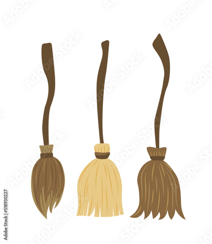 Broom set. Brooms for witch. Cartoon, flat, vector