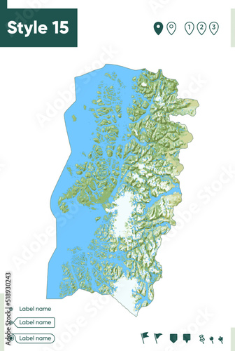 Aysen, Chile - map with shaded relief, land cover, rivers, lakes, mountains. Biome map.