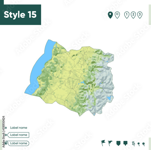 Maule, Chile - map with shaded relief, land cover, rivers, lakes, mountains. Biome map.