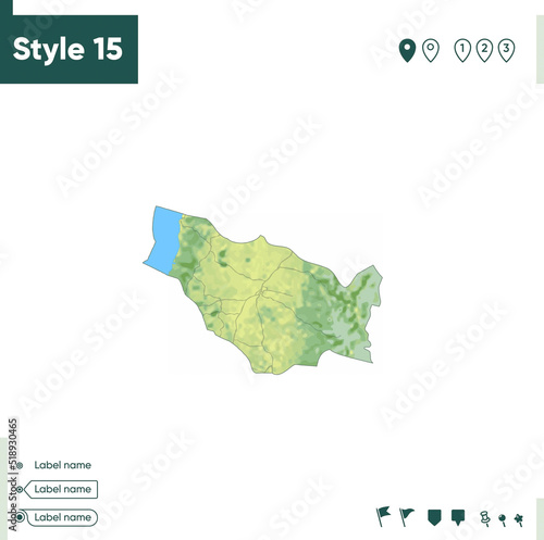 Nuble, Chile - map with shaded relief, land cover, rivers, lakes, mountains. Biome map.