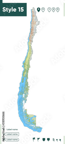 Chile - map with shaded relief, land cover, rivers, lakes, mountains. Biome map.