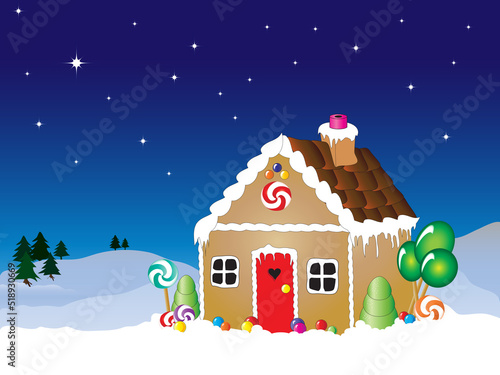 Vector illustration of a gingerbread house snow scene with star filled sky. EPS10 vector format