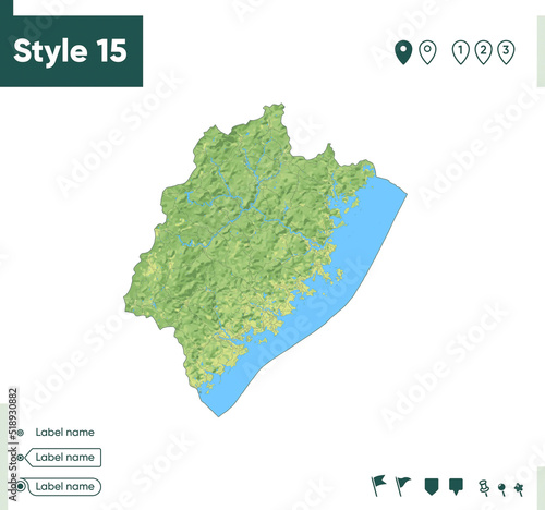 Fujian, China - map with shaded relief, land cover, rivers, lakes, mountains. Biome map.
