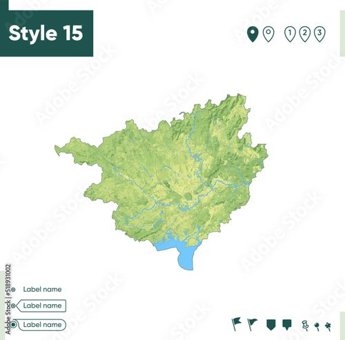 Guangxi, China - map with shaded relief, land cover, rivers, lakes, mountains. Biome map.