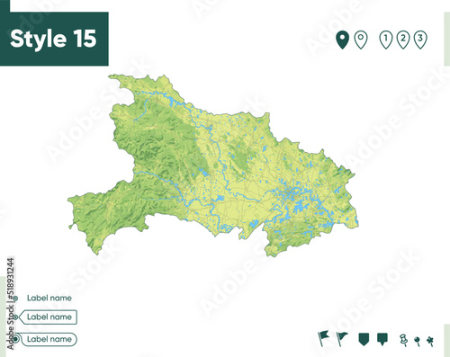 Hubei, China - map with shaded relief, land cover, rivers, lakes, mountains. Biome map.