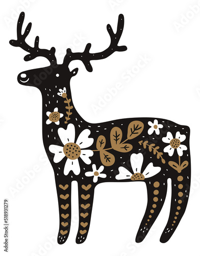 Folk deer with nordic ornament. Scandi style animal