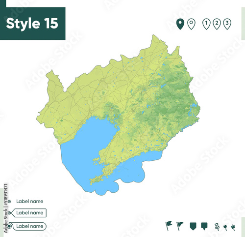 Liaoning, China - map with shaded relief, land cover, rivers, lakes, mountains. Biome map.