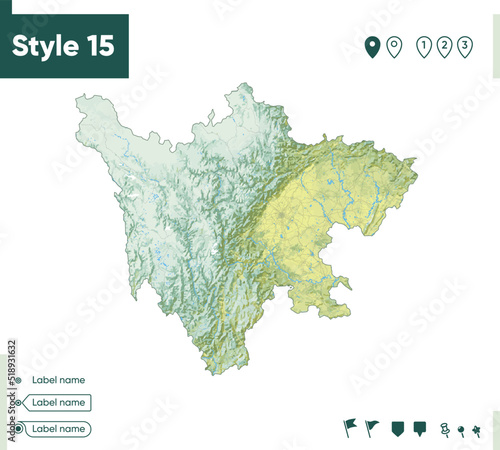 Sichuan, China - map with shaded relief, land cover, rivers, lakes, mountains. Biome map.