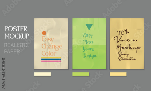 Wrinkled poster template set. Glued paper. Vector Realistic wet wrinkled posters mockup