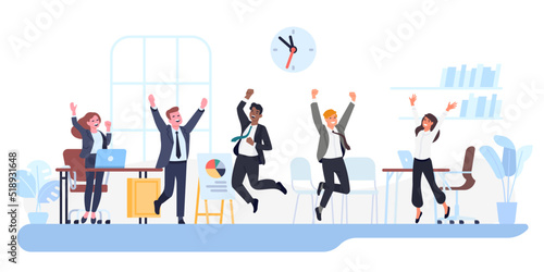 Happy business people. Cheerful men and women jumping in office. Employees work success. Workers team victory. Businessmen celebrating achievements. Excited colleagues poses. Vector concept