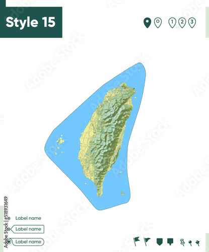 Taiwan, China - map with shaded relief, land cover, rivers, lakes, mountains. Biome map.