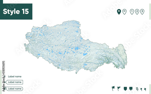 Tibet, China - map with shaded relief, land cover, rivers, lakes, mountains. Biome map.