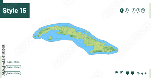 Cuba - map with shaded relief, land cover, rivers, lakes, mountains. Biome map.