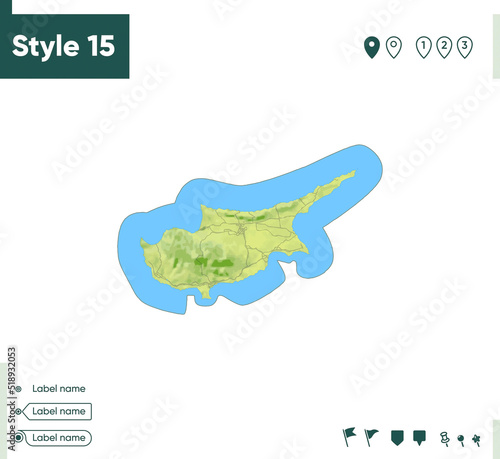 Cyprus - map with shaded relief, land cover, rivers, lakes, mountains. Biome map.