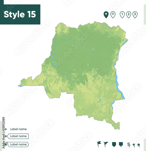 Democratic Republic of the Congo - map with shaded relief, land cover, rivers, lakes, mountains. Biome map.