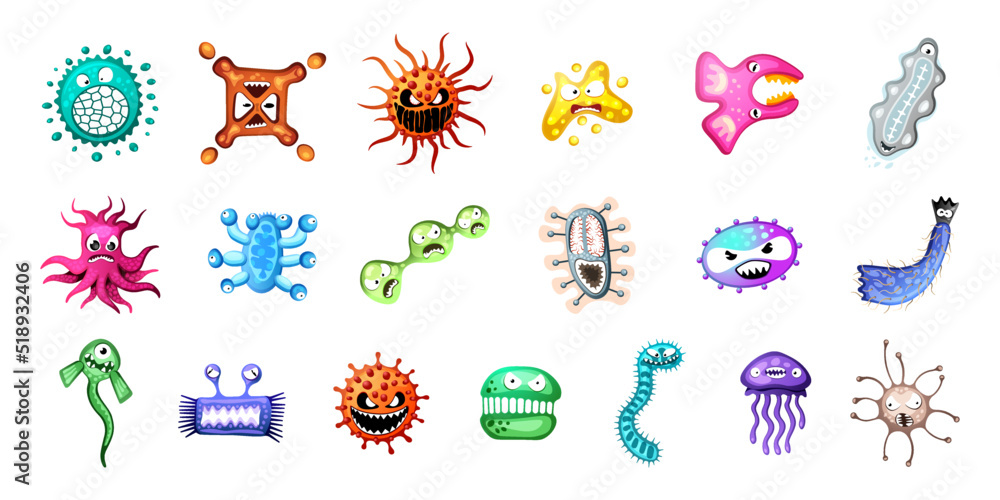 Microorganism virus vector cartoon bacteria germ character set. Bacterium illness infection collection microbiology illustration. Microbe pathogen monster organism colorful vector eps illustration Microorganism virus vector cartoon bacteria germ character set. Bacterium illness infection collection microbiology illustration. Microbe pathogen monster organism colorful vector eps illustration