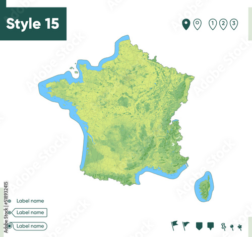 France - map with shaded relief, land cover, rivers, lakes, mountains. Biome map.