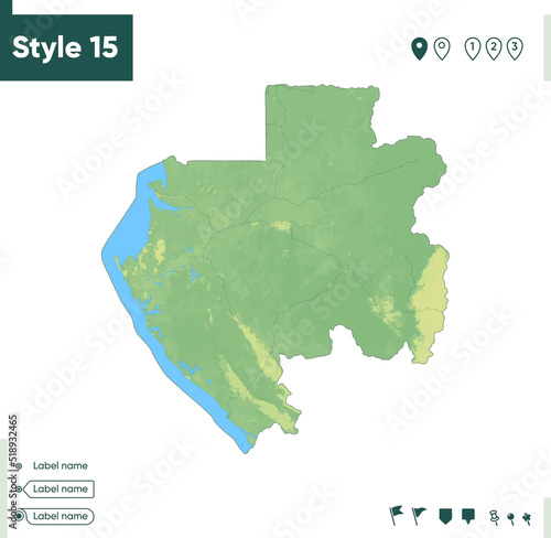 Gabon - map with shaded relief, land cover, rivers, lakes, mountains. Biome map.