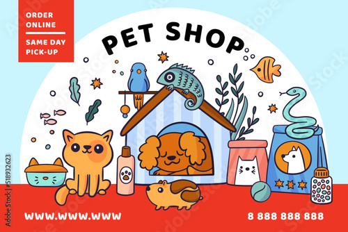 Pet shop. Domestic animals care products. Internet banner design. Hotline poster. Different accessories or toys. Doodle style. Veterinary store order and delivery. Garish vector concept