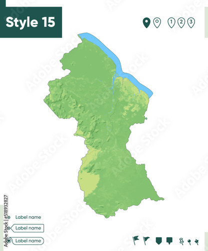 Guyana - map with shaded relief, land cover, rivers, lakes, mountains. Biome map.