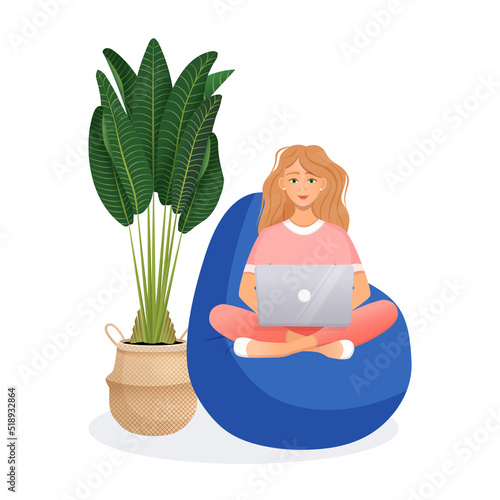 Woman sits on the bean bag chair and works at the computer. Remote work, office at home, programming, freelance. Study at home in quarantine. Vector illustration.