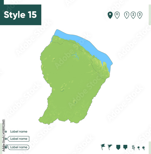 Guyane - map with shaded relief, land cover, rivers, lakes, mountains. Biome map.