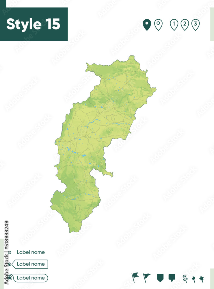 Chhattisgarh, India - map with shaded relief, land cover, rivers, lakes, mountains. Biome map.