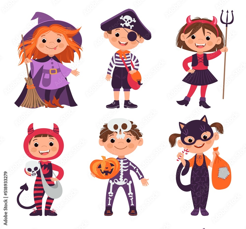 Trick or treating kids. Children characters in Halloween costumes. Funny monster carnival outfits. Smiling boys or girls in festive cosplay clothes. Horror party. Vector little people set Trick or treating kids. Children characters in Halloween costumes. Funny monster carnival outfits. Smiling boys or girls in festive cosplay clothes. Horror party. Vector little people set