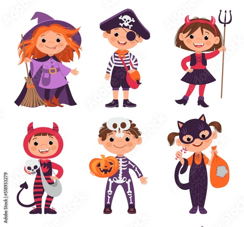 Trick or treating kids. Children characters in Halloween costumes. Funny monster carnival outfits. Smiling boys or girls in festive cosplay clothes. Horror party. Vector little people set