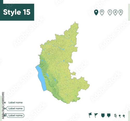 Karnataka, India - map with shaded relief, land cover, rivers, lakes, mountains. Biome map.