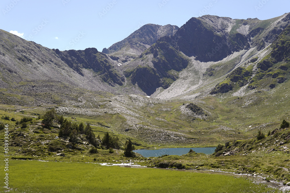 Landscape of a lake in the mountains. Lac des Bouillouses