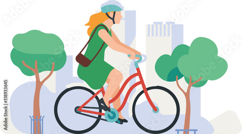 Woman riding bicycle on city street. Eco urban transport
