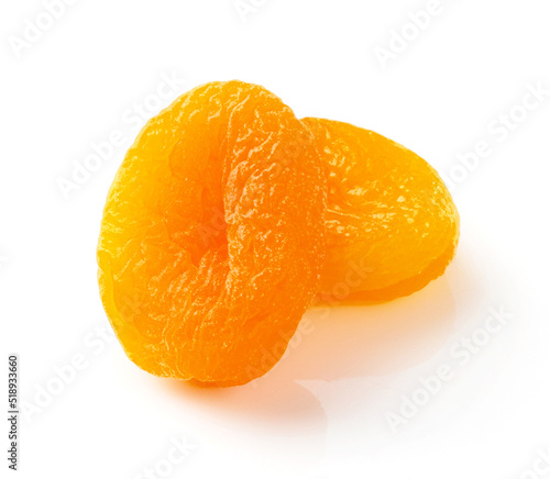 Two dried apricots isolated on white background. Dried apricots.