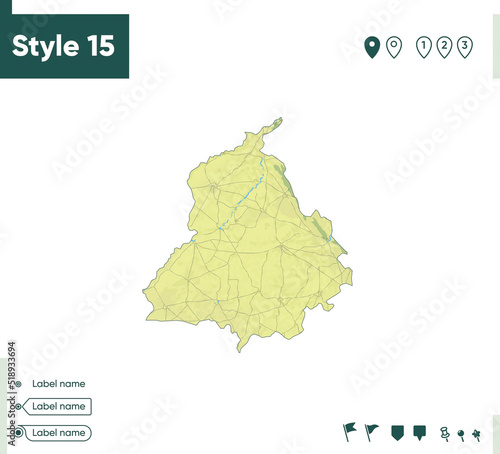 Punjab, India - map with shaded relief, land cover, rivers, lakes, mountains. Biome map.