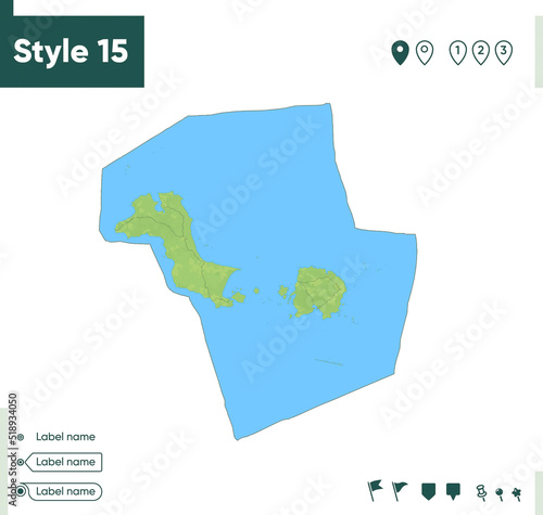 Bangka Belitung Islands, Indonesia - map with shaded relief, land cover, rivers, lakes, mountains. Biome map.